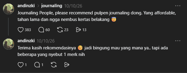 Status threads saya yang menanyakan rekomendasi pulpen banyak direspon orang